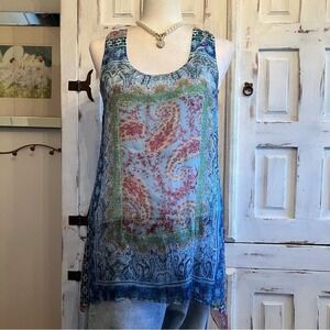 Paisley Tank Top Sheer Sleeveless‎ Casual Summer Blouse Blue Multicolor